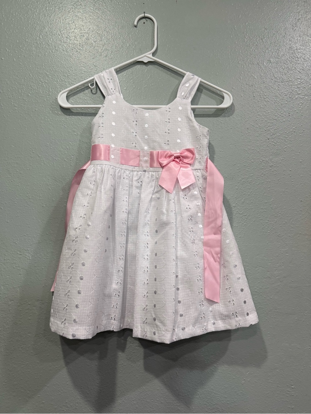 Bonnie Jean White Eyelet Dress with Pink Sash and Bow